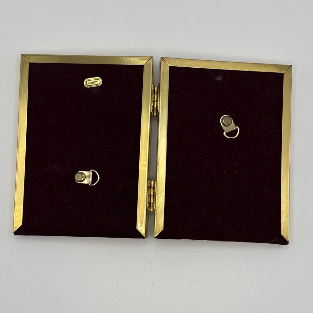 Vintage Brass Double Picture Frame Gold BiFold Hinged Tabletop Boho Photo Decor